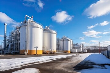 modern petrochemical plant with reactors and converters under heavy sky with copy space