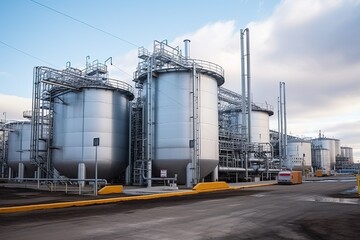 Obraz premium modern petrochemical plant with reactors and converters under heavy sky with copy space