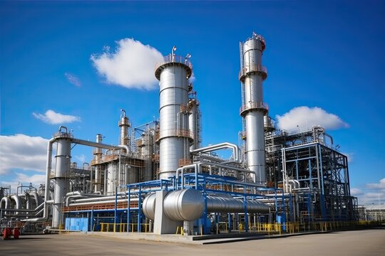 modern petrochemical plant with reactors and converters under heavy sky with copy space