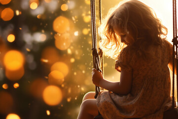 girl playing on a swing with beautiful bokeh background