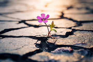 A small flower bravely grows amidst the cracks of the street, symbolizing resilience and the power of nature to thrive in unlikely places - Powered by Adobe