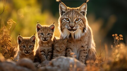 Naklejka na ściany i meble lynx mother with cubs in natural habitat