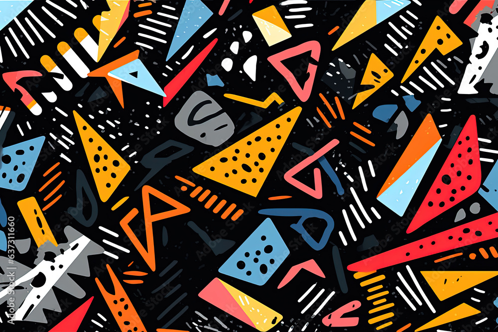Poster an abstract pattern of black strokes in a hand-sketched style, featuring a retro geometric design in