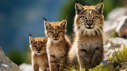 Naklejka na ściany i meble lynx mother with cubs in natural habitat