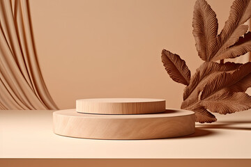 cream aestetic podium with leaves for product placement