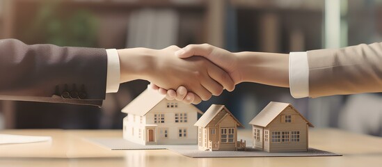Symbolischer Handschlag: Geschäftsabschluss mit Miniatur-Holzhaus