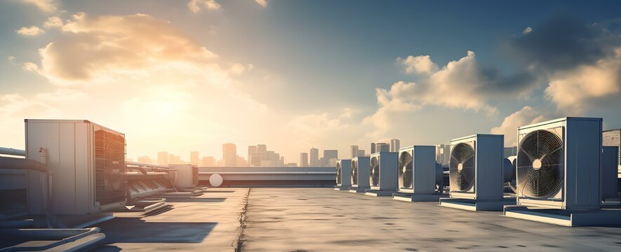 Innovative Energieversorgung: W&auml;rmepumpen auf Flachdach unter strahlendem Himmel