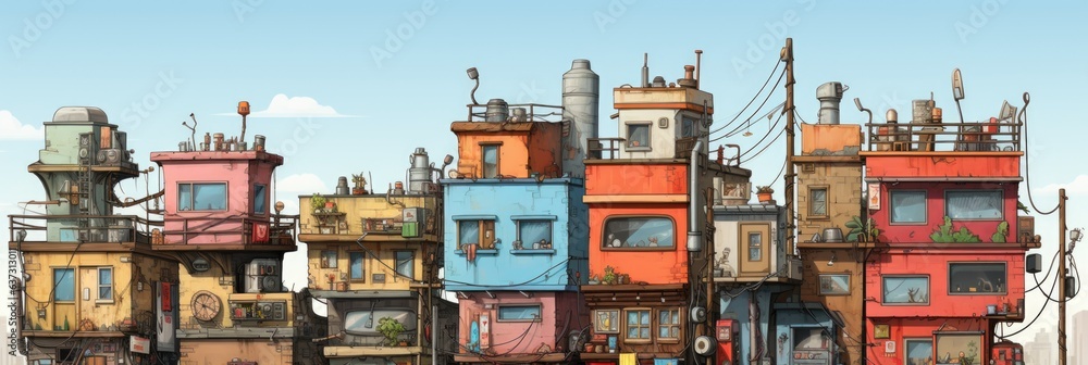 Poster a bunch of buildings that are painted in different colors. generative ai image.