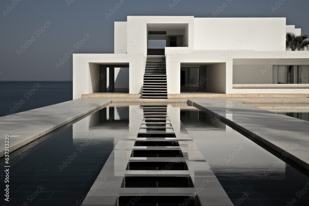 Poster a pool with steps leading to a building next to the ocean. generative ai image.