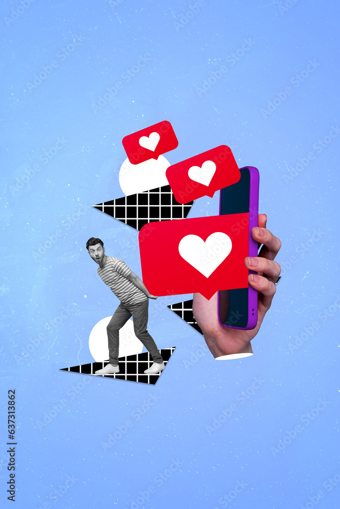 Poster vertical collage image of mini black white effect guy hold huge like notification arm smart phone di