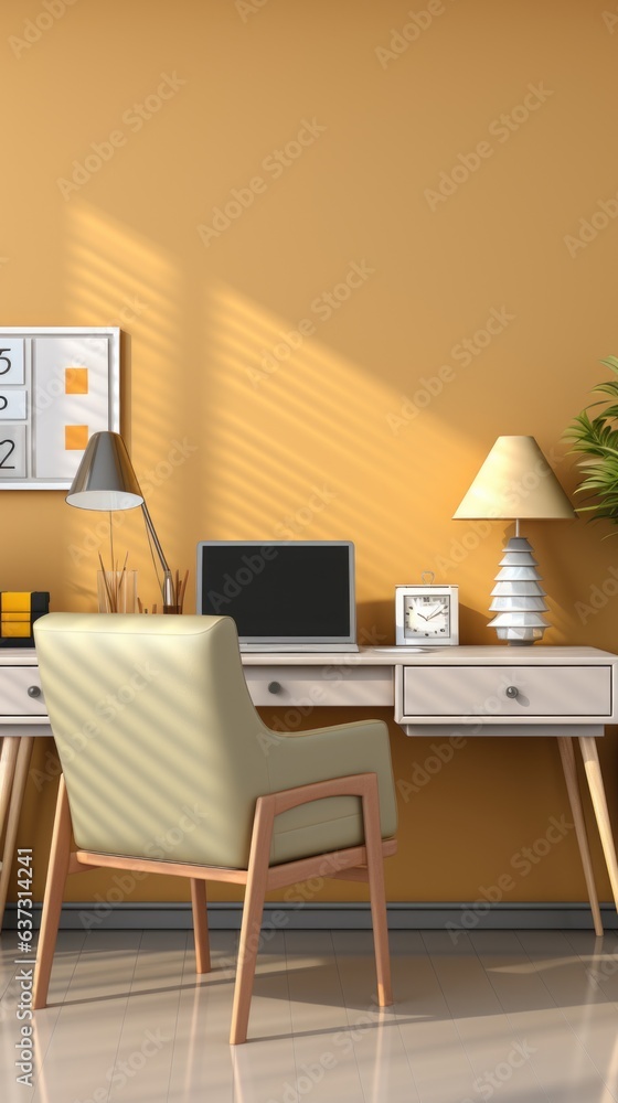 Poster a desk with a laptop and a lamp on it. generative ai image.