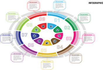 Infographic circle elements design. Business infographic, modern infographic design template. Presentation business infographic template with 9 options or nine steps.