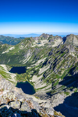 A view of the High Tatras with the Temnosmrecenske lakes from the Koprovsky Stit, Slovakia.