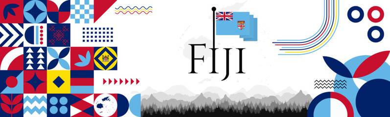 The Fiji Independence Day abstract banner design with flag and map. Flag color theme geometric pattern retro modern Illustration design. Sky blue and red color template.