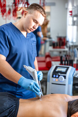 Extracorporeal shockwave therapy, physical therapy for neck and back muscles.