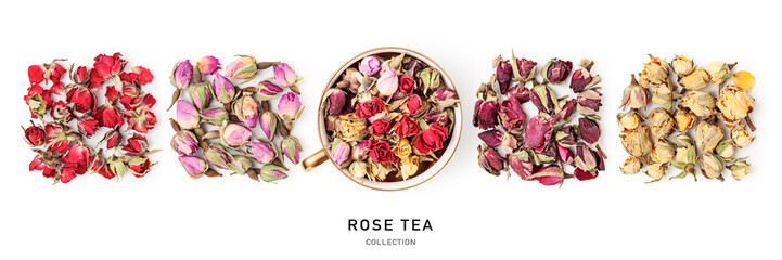Rose tea banner. Dried rose flowers isolated on white background .