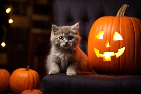 Hallowen Grüße. Junge Katze sitzt auf dem Sofa mit Jack Latern Dekoration. Oktober Deko Selbstgemacht. 