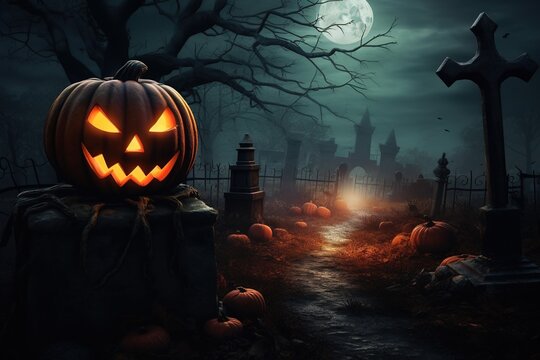 Scaring cemetery with Evil Jack-o'-lantern - Helloween. Halloween concept