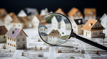 Searching new house for purchase.Looking for real estate agency, Rental housing market. Magnifying glass near residential building - obrazy, fototapety, plakaty