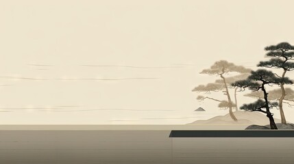 Ancient Calm in Modern Art - Minimalist Mural of a Zen Garden - A Gold and Silver Homage to the Heian Period, An Elegant Landscape with Fine Detail - Background created with Generative AI Technology