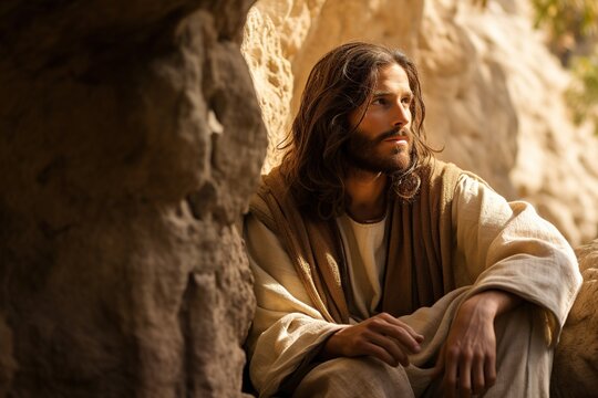 Jesus zu Weihnachten oder Ostern. Geschichte mit Jesus. Beten, predigen und Ruhe ausstrahlen an Orten wie Jerusalem. Erwachsener Jesus Charakter.  