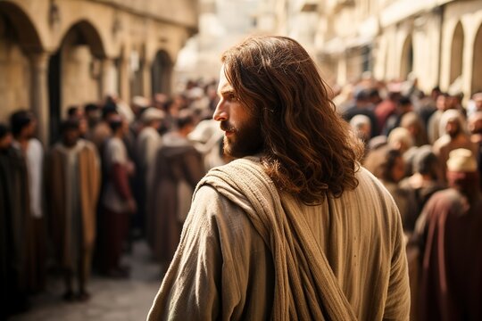 Jesus zu Weihnachten oder Ostern. Geschichte mit Jesus. Beten, predigen und Ruhe ausstrahlen an Orten wie Jerusalem. Erwachsener Jesus Charakter.  