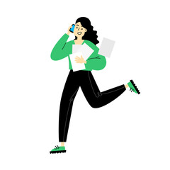 The girl runs to a business meeting, office life, analysis, strategy. Flat design vector illustration.