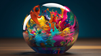 A glass sphere filled with vibrant hues, abstract explosive burst of colorful paint  