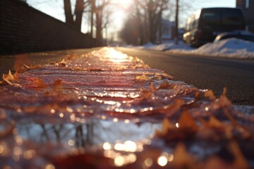 sunlight reflecting off icy pavement, creating bokeh
