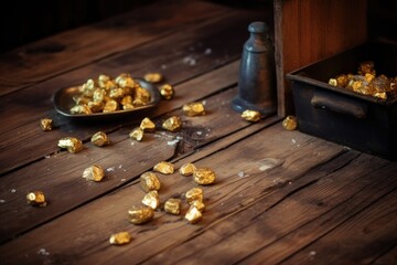 gold nuggets on a wooden table in mine