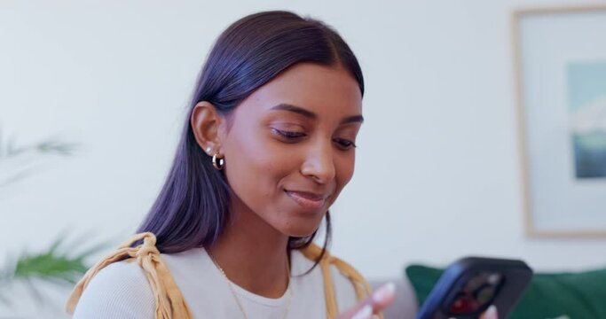 Home, happy and woman with cellphone, typing and network with connection, social media and online reading for a blog. Person, smile and girl with smartphone, mobile app and search internet a meme