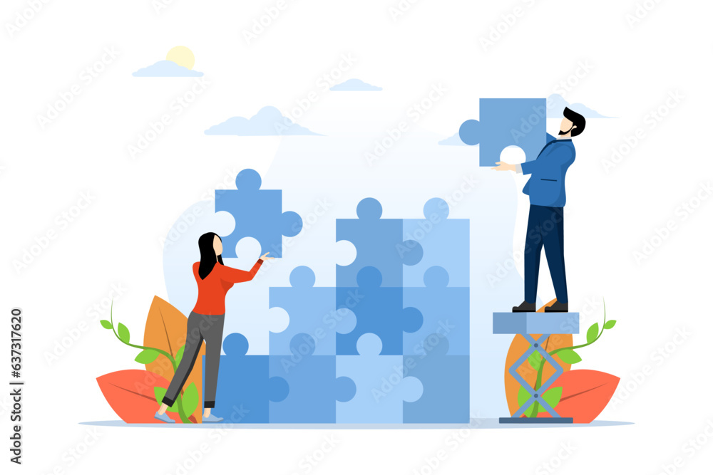 Poster the concept of teamwork in business. team metaphor solves problems. people connecting puzzle element