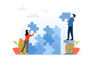The concept of teamwork in business. Team metaphor solves problems. people connecting puzzle elements. Teamwork symbol, cooperation, partnership vector. flat vector illustration on background.