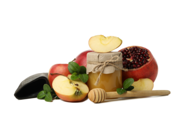 PNG, apples, pomegranate, jar of honey and horn, isolated on white background