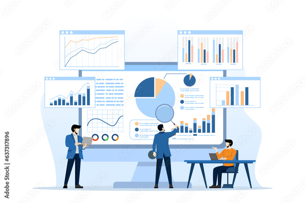 Poster analytics and monitoring concept, business team on web reporting dashboard monitoring, and data anal