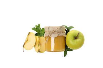 PNG, apples and jar of honey, isolated on white background, top view