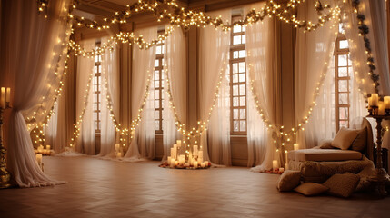 Wedding interior decorated with garland lights. 3d rendering