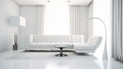 Interior of modern bright living room with white sofa