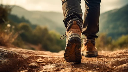 Keuken spatwand met foto one person walking in the woods. Speed-hiking shoes closeup. AI Generative © ImageFusion