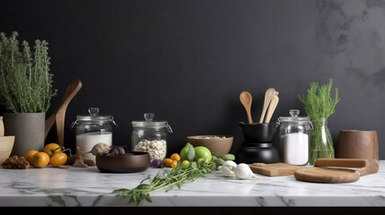 kitchen counter with cooking ingredients and utensils. Copy space. Banner. Dark background.