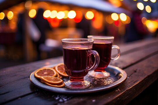 Punsch trinken auf dem Weihnachtsmarkt. Advent Markt im Winter mit Weihnachtsbeleuchtung.