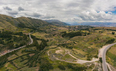 Aerial view of Ruins of the Inca fortress of Puka Pukara outside of Cusco, Peru
