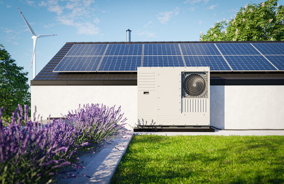 A heat pump with photovoltaic panels installed on the roof of a single-family house, along with a green ro, forms an eco-friendly heating and air conditioning solution for the property