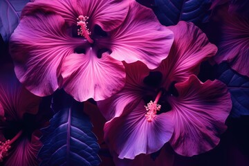 Exotic fluorescent color formation using hibiscus leaves. Flat lay in dynamic purples. Nature concept