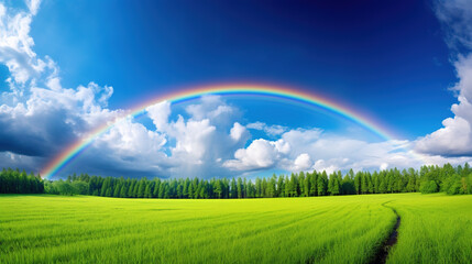 Naklejka premium Rainbow in the Sky Over Green Field.Generative Ai