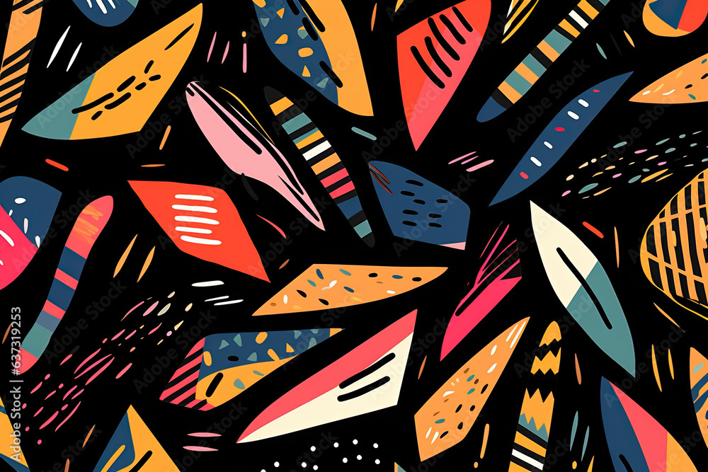 Poster hand-sketched abstract black strokes form a vector pattern with a retro feel, combining geometric st