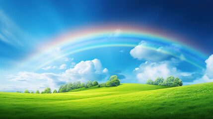 Obraz premium Rainbow in the Sky Over Green Field.Generative Ai