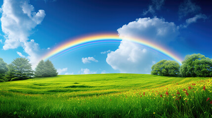 Naklejka premium Rainbow in the Sky Over Green Field.Generative Ai