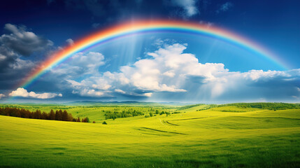 Obraz premium Rainbow in the Sky Over Green Field.Generative Ai