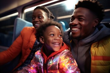 African Mother Father And Son Run In A Holographic Puffer On On A Train. African Family, Holographic Puffer, Train, Adventure
